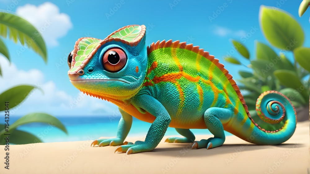 Fototapeta premium Cute Funny Cartoon Chameleon Art Animated Banner 3D