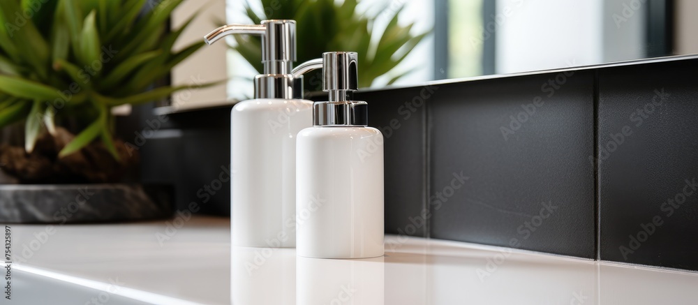 A couple of soap dispensers are neatly placed on top of a counter. These dispensers are essential for providing hand cream or antibacterial liquid for virus protection and hygiene in a bathroom, spa, - obrazy, fototapety, plakaty 