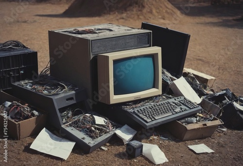pile of old unused computers and vintage CRT monitors