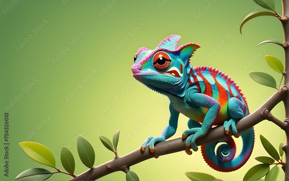 Cute Cartoon Style Chameleon Character On Olive Branch Banner Solid Gradient Cute Cartoon Style Chameleon Character On Olive Branch Banner Solid Gradient