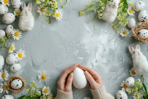 Hands hold a spotted egg surrounded by baby rabbits spring daisies, evoking a sense of freshness and growth photo