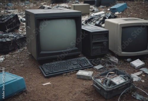 pile of old unused computers and vintage CRT monitors