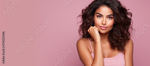 A young Hispanic woman is posing for a picture while wearing a pink tank top. She is standing in front of a pink background and keeping her eyes open to find a successful opportunity. photo