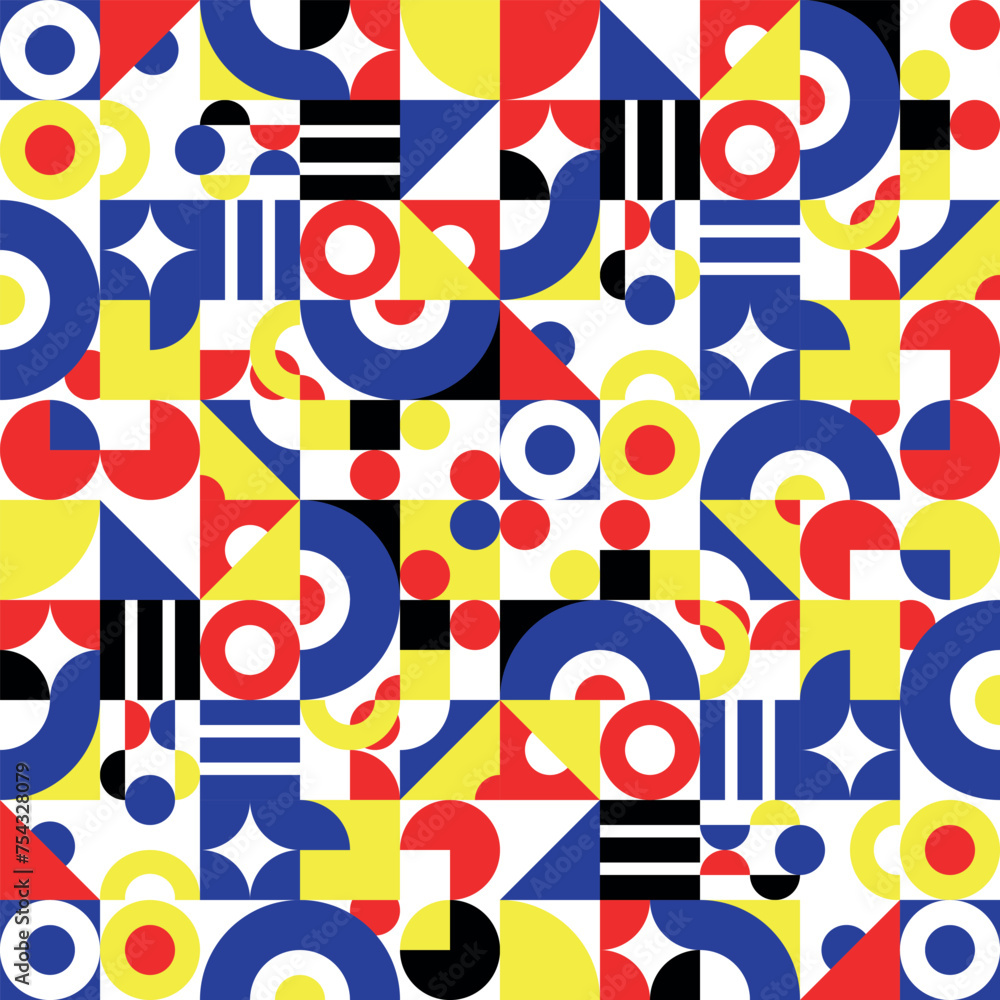 Obraz premium Vector seamless pattern of colored abstract geometric shapes and grid style bauhaus