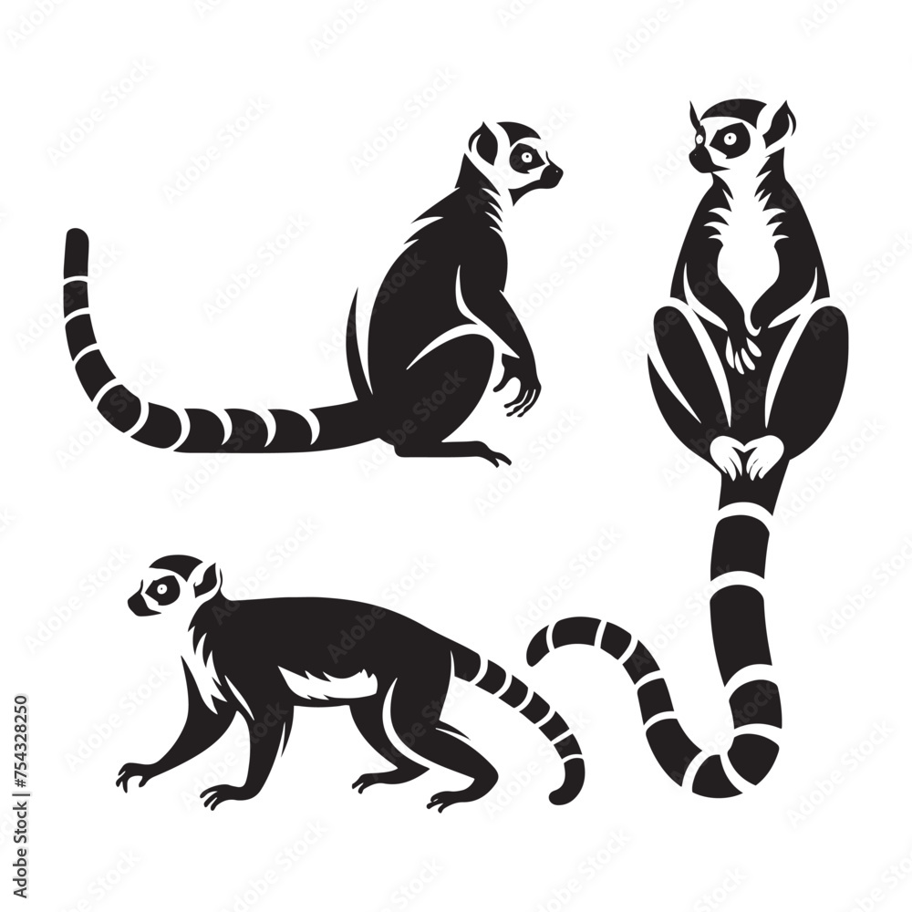 Jungle Jesters: Vector Lemur Silhouette Collection for Playful Wildlife Designs, Tropical Illustrations, and Rainforest-themed Artwork. Jungle Jesters: Vector Lemur Silhouette Collection for Playful Wildlife Designs, Tropical Illustrations, and Rainforest-themed Artwork.