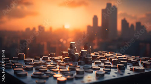coin piles sitting on top of finance calculator with city at sunset