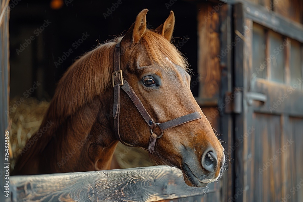 Fototapeta premium horse in the stable, horse ranch with a house and fence,old farm house