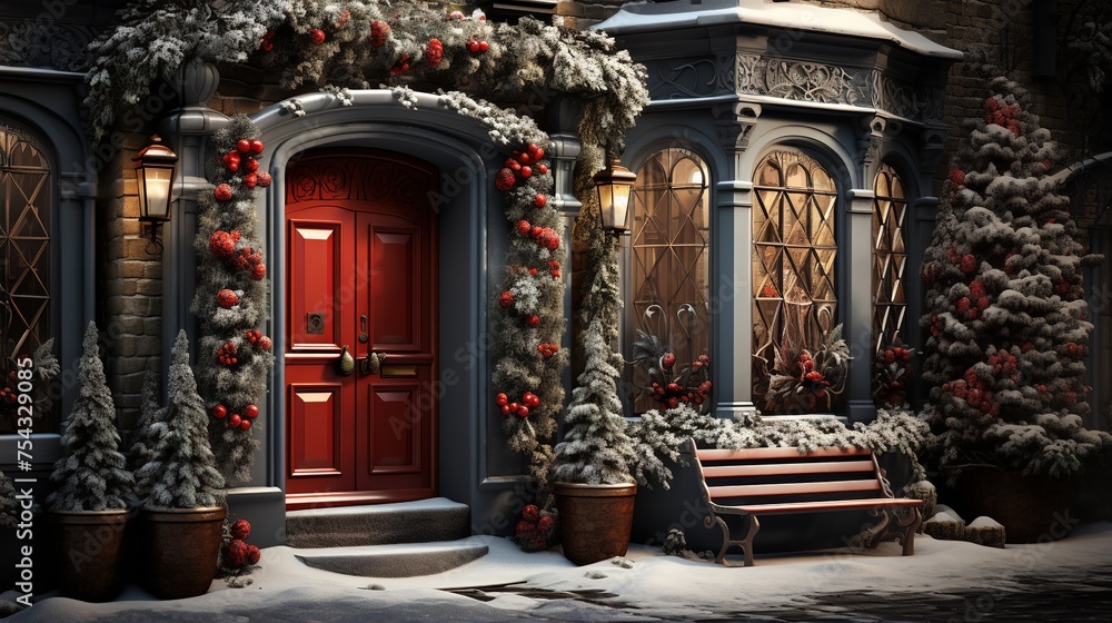 Generative AI, Front door with Christmas decoration, wreath and garland. Red and grey colors.