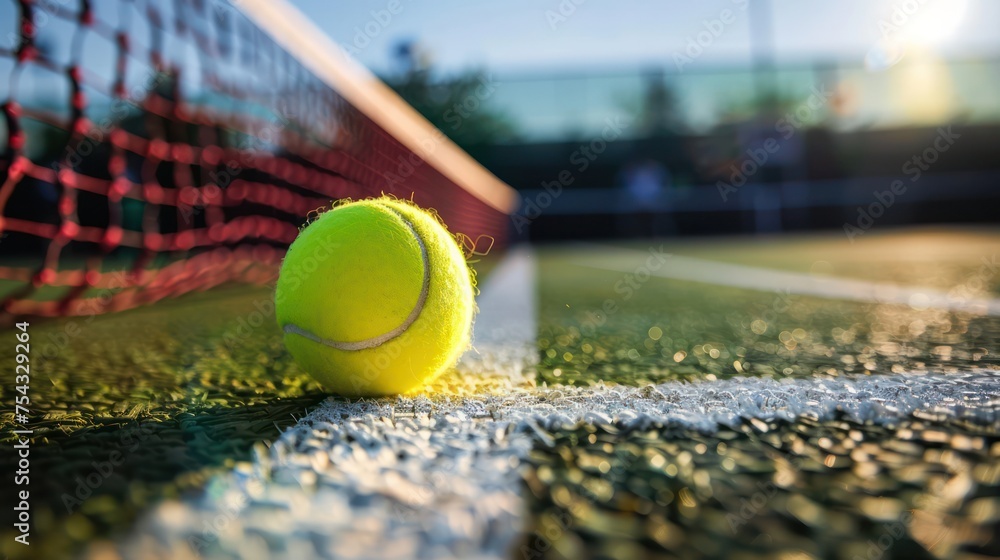 Tennis ball beside tennis net