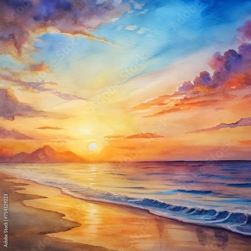 Watercolor drawing of sunrise on the sea