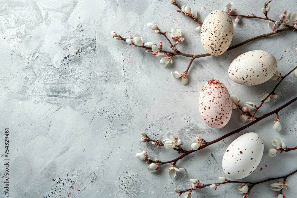 Speck Easter eggs textured surface with flowering spring branches, a serene holiday. Copy space