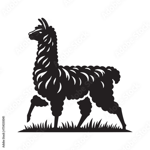 South American Serenity: Vector Llama Silhouette Collection for Andean Designs, Wildlife Illustrations, and Nature-themed Artwork. Black vector llama.