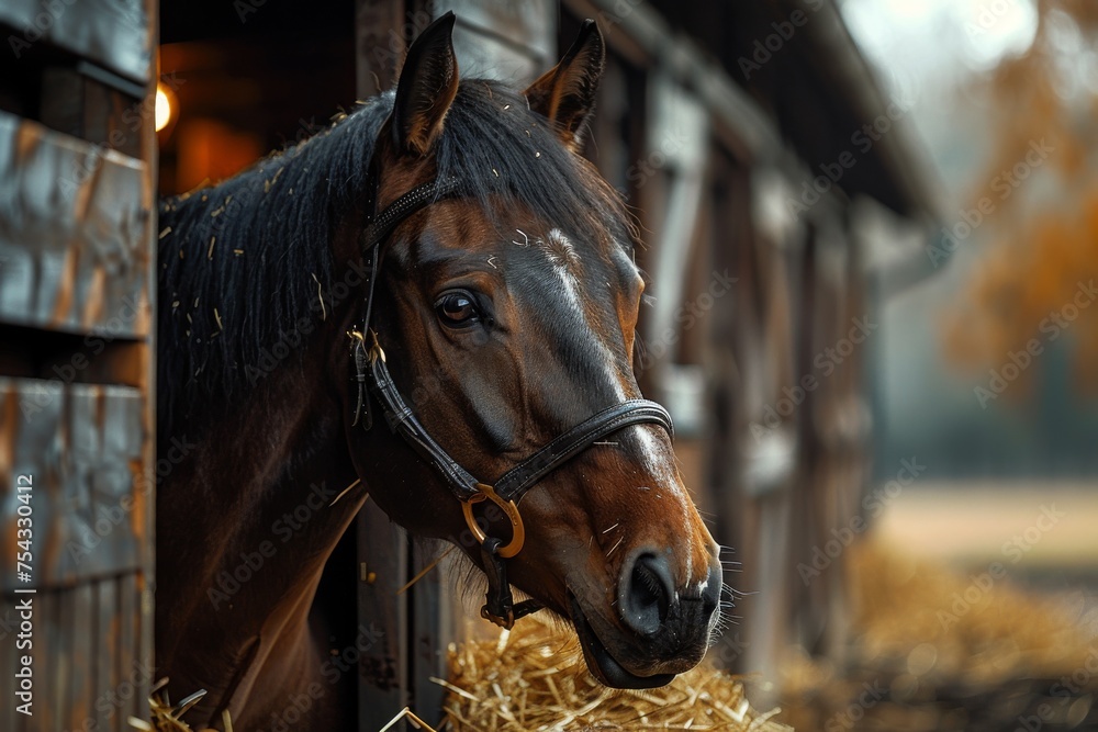 Fototapeta premium horse in the stable, horse ranch with a house and fence,old farm house