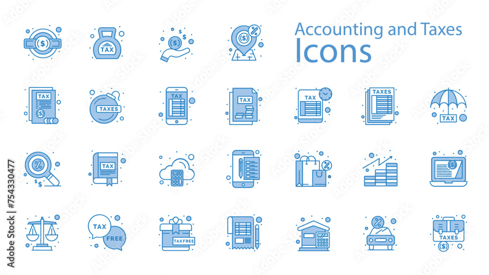 Set of accounting and taxes Icons. Accountancy, Income Tax, Tax Refunds, Financial Report, Savings, Financial Planning.
