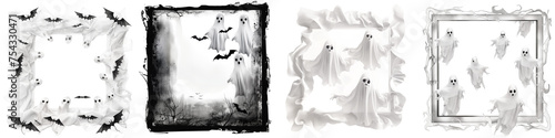 Four Halloween-themed frames featuring playful ghosts and flying bats, with a haunting black and white design, ready for seasonal celebrations.