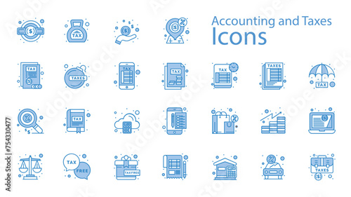 Set of accounting and taxes Icons. Accountancy, Income Tax, Tax Refunds, Financial Report, Savings, Financial Planning.