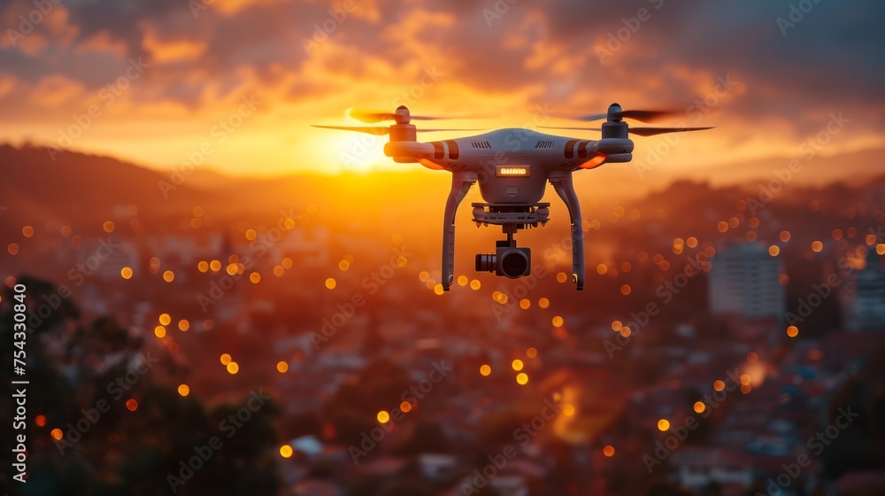 Drone Pilot Monitoring Construction Site at Sunset Drone Pilot Monitoring Construction Site at Sunset