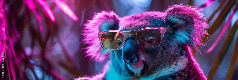 Koala with Fashionable Glasses Amidst Vivid Neon Leaves