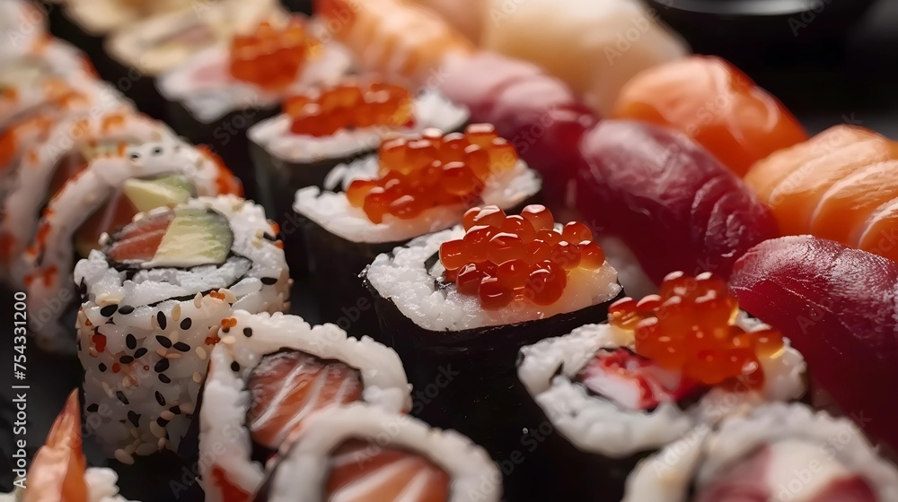 The image showcases a variety of sushi on a white plate, perfectly encapsulating the essence of traditional Japanese cuisine with a focus on fresh, healthy seafood The image showcases a variety of sushi on a white plate, perfectly encapsulating the essence of traditional Japanese cuisine with a focus on fresh, healthy seafood
