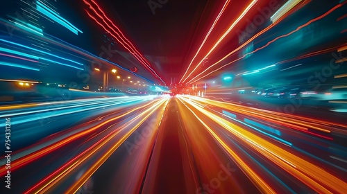 Colorful Light Streaks on City Highway, To add a pop of color and energy to a digital design or advertisement