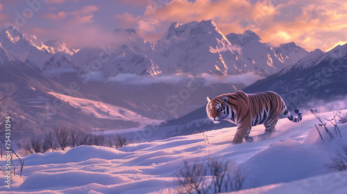 Tiger walking on snowy mountains,created with Generative AI tecnology.