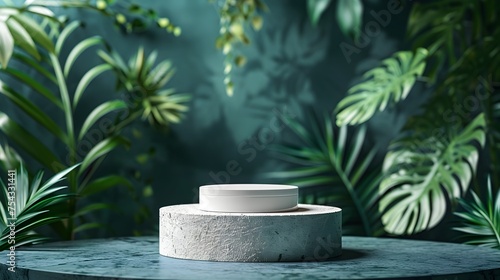 White Cosmetic Cream Jar on Tropical Jungle Podium - 3D Mockup, To showcase a white cosmetic cream jar in a unique and eye-catching way for product