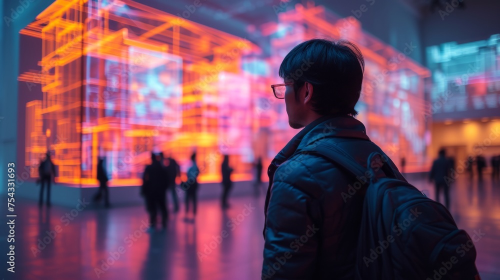 Man Observing Interactive Digital Art Installation