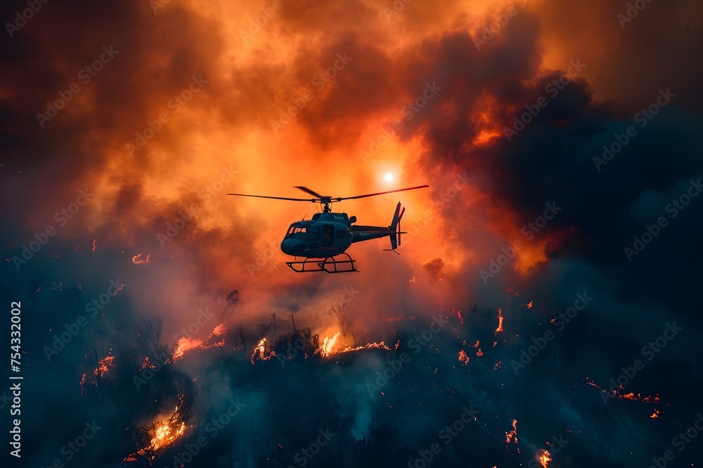 Helicopter Fighting Forest Fire from Above, To highlight the crucial role of helicopters and firefighting teams in managing and preventing forest Helicopter Fighting Forest Fire from Above, To highlight the crucial role of helicopters and firefighting teams in managing and preventing forest