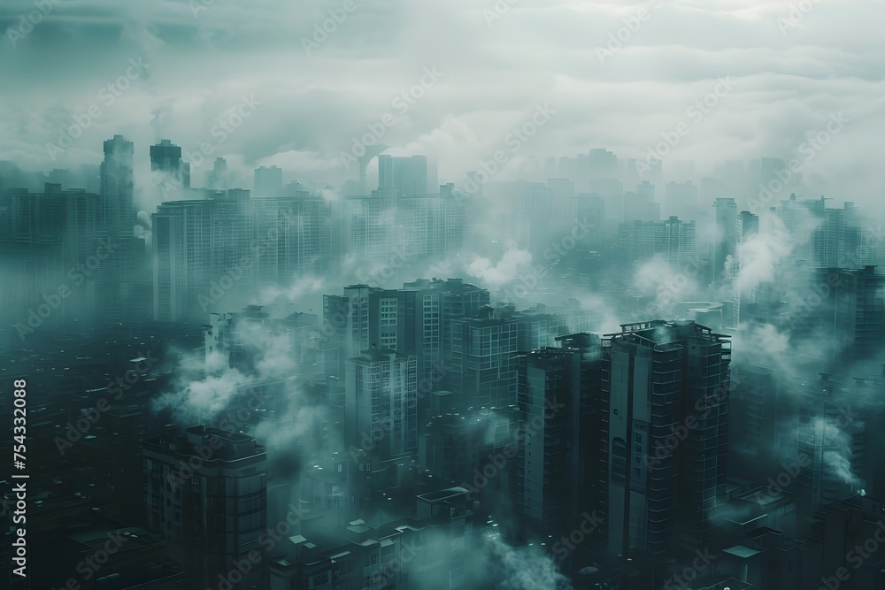 Smoky City Skyscrapers in Gritty Textures, To convey a sense of urban decay and post-apocalyptic atmosphere, perfect for adding a moody and