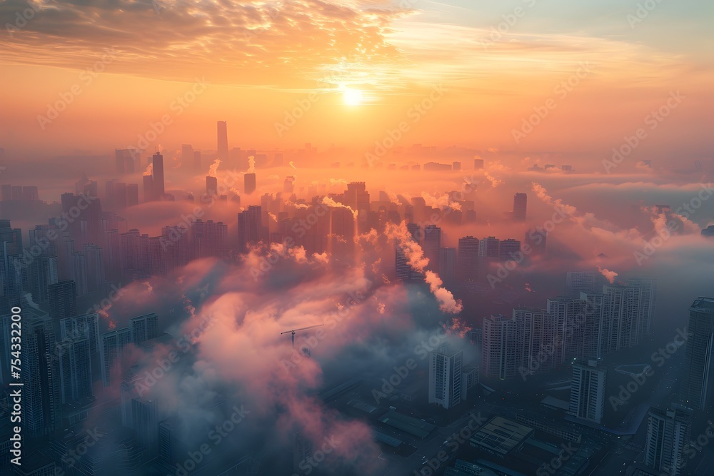 Golden Hour Drone View of a Chinese City Skyline Shrouded in Mist, To provide a unique and captivating visual for use in advertising, marketing, and - obrazy, fototapety, plakaty 