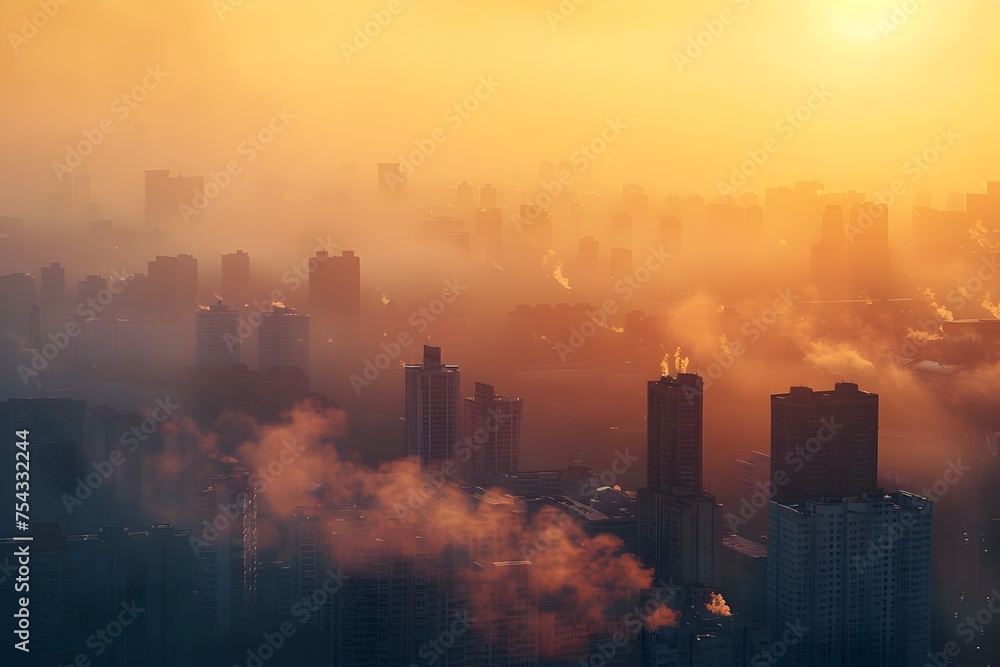 Fototapeta premium Smoky City Sunset or Sunrise View, To convey a sense of environmental awareness, while also showcasing the beauty of urban landsces in a dreamy,
