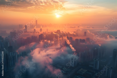 Golden Hour Drone View of a Chinese City Skyline Shrouded in Mist, To provide a unique and captivating visual for use in advertising, marketing, and