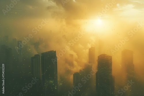 Cinematic City Skyline during Golden Hour in a Foggy Scene, To convey a sense of solitude and desolation in a futuristic cityscape