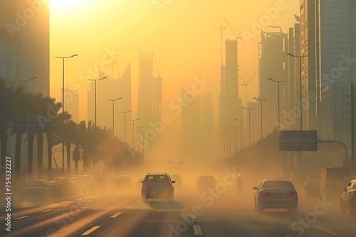 Cars Driving Through Dust on Urban Street, To convey the message of environmental awareness and the impact of cars and transportation on urban