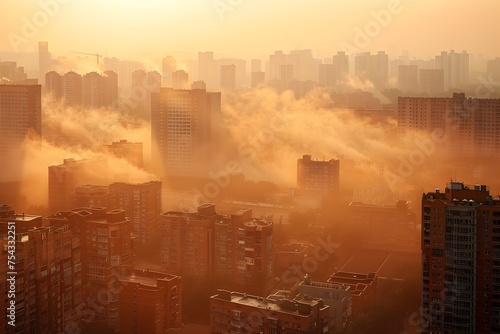 Morning City Skyline in Golden Hues, To showcase the beauty and contrast of urban development in a large city with the natural environment