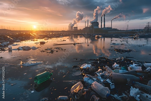 Industrial Sunset with Plastic Waste in Water, To raise awareness about the environmental impact of industrial pollution and plastic waste photo