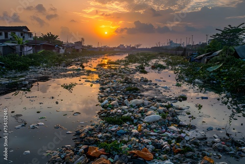 City River Filled with Garbage and Plastic Waste, To raise awareness about the issue of pollution and waste in urban river systems and the need for photo
