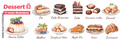 Set of vector watercolor pastry and dessert icons isolated on white background for game design. Tasty sweets for game collection: ice cream, macaroon, muffin, pudding, cake. 