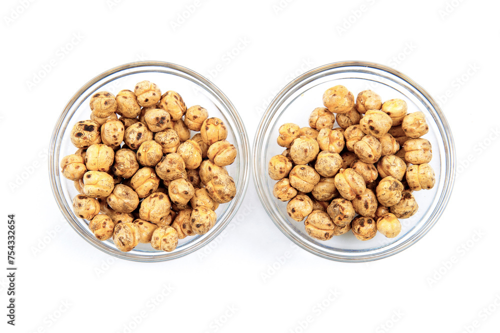Roasted Chickpeas in Glass Bowls on White Surface Roasted Chickpeas in Glass Bowls on White Surface