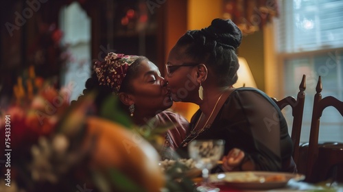 Grateful black girl kisses her mother during Thanksgiving family meal.