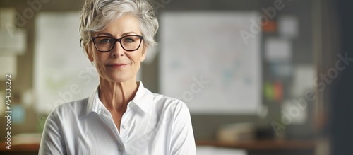 An older woman, dressed in a white shirt and wearing glasses, is standing near a blurred flip chart banner. She is holding documents and looking directly at the camera.