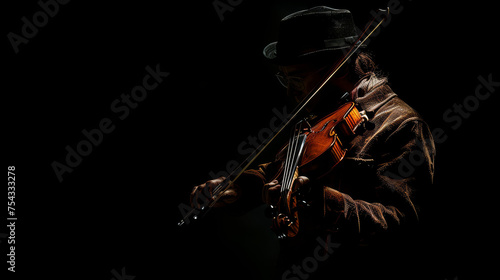 Violinist in hat playing in the dark, dramatic lighting, classical music theme photo