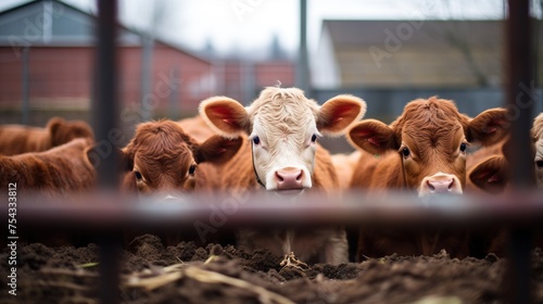 Generative AI, little calfs looking at the camera on a farm, baby cows photo
