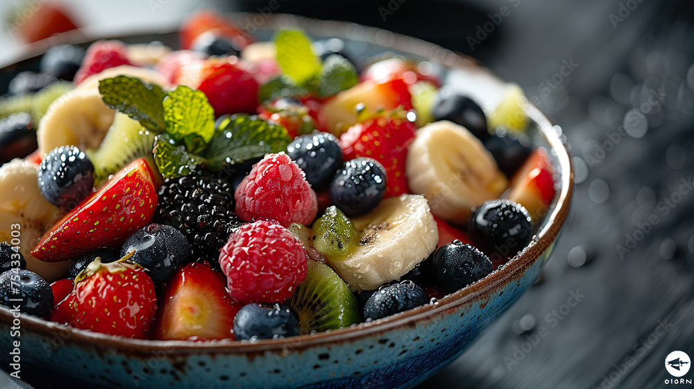 A bowl with variety of fresh berries, kiwi, and banana slices, garnished with mint leaves. Generative AI. A bowl with variety of fresh berries, kiwi, and banana slices, garnished with mint leaves. Generative AI.