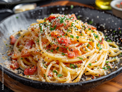 Spaghetti tossed with ripe tomatoes, a sprinkle of Parmesan, and fresh herbs.