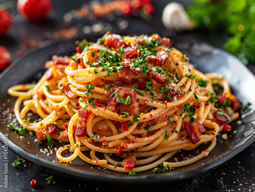 An appetizing plate of spaghetti with crispy bacon bits, garnished with fresh parsley and a hint of spice. 