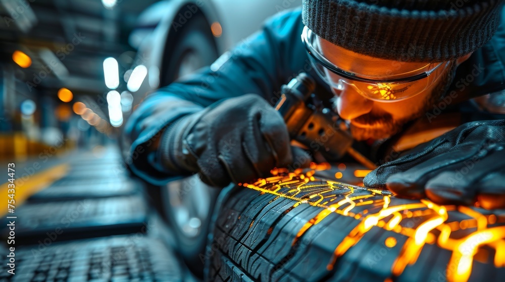 mechanic changing car wheel tire with pneumatic wrench in auto service mechanic changing car wheel tire with pneumatic wrench in auto service