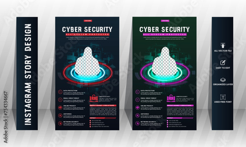 Cyber security mordent Instagram story design. Cybersecurity threats. Information safety booklet design with icons, Editable layout. photo