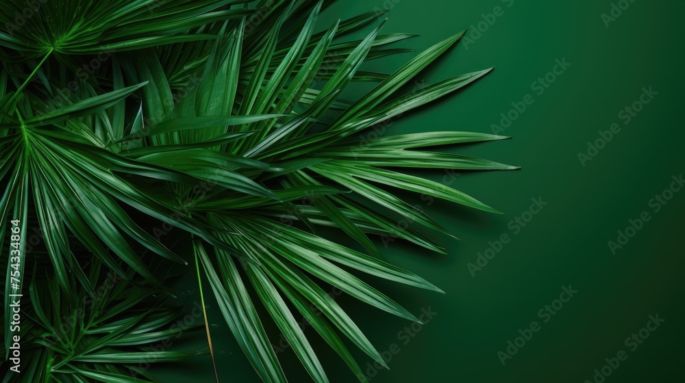 Obraz premium Palm tree with tropical leaves on a green background with a place for text. The concept of recreation, tourism and sea travel.