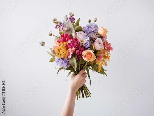 Mother's Day card. International Women's Day. Bouquet of flowers in hand. Flowers delivery. Summer, spring. © Aleksandr